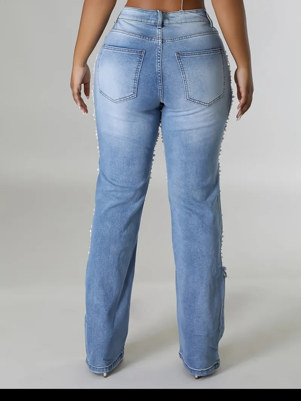 Light Blue Pearl-Embellished Distressed Women's Jeans - Picture 6 of 9